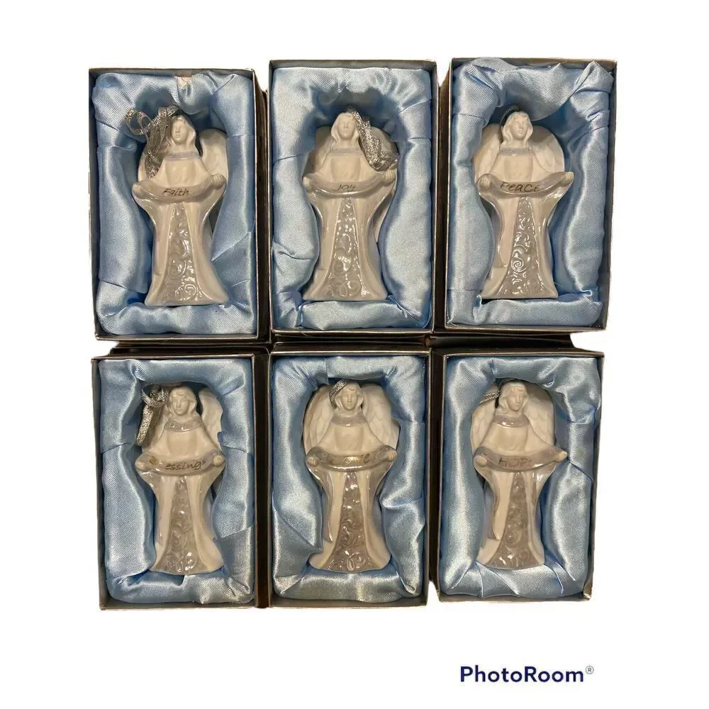 Set of 6 Porcelain Inspirational Angel Ornaments with matte and glaze finish